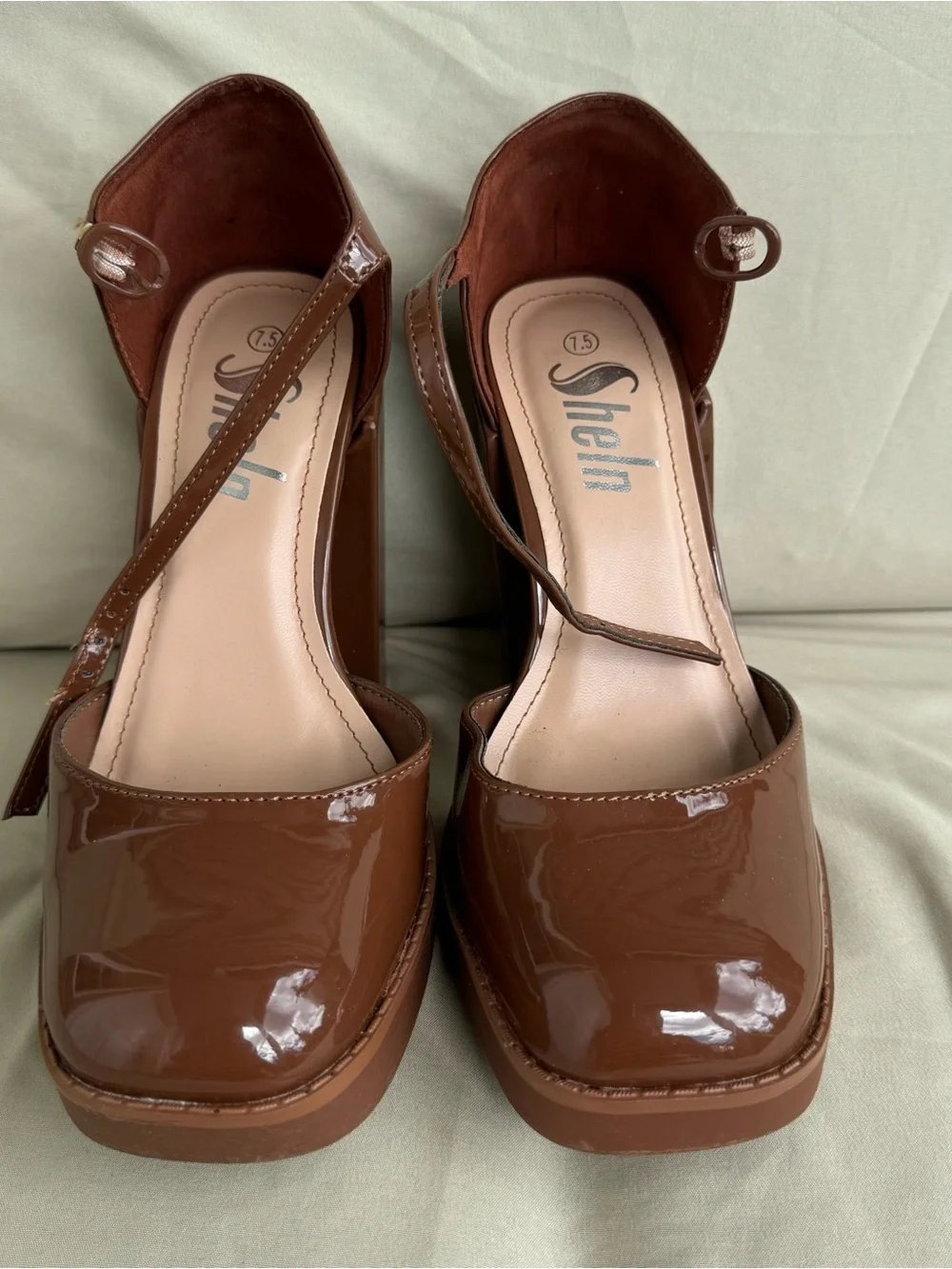 SheIn Women’s Brown Patent Platform Block Heel Pumps Ankle Strap Size 7.5